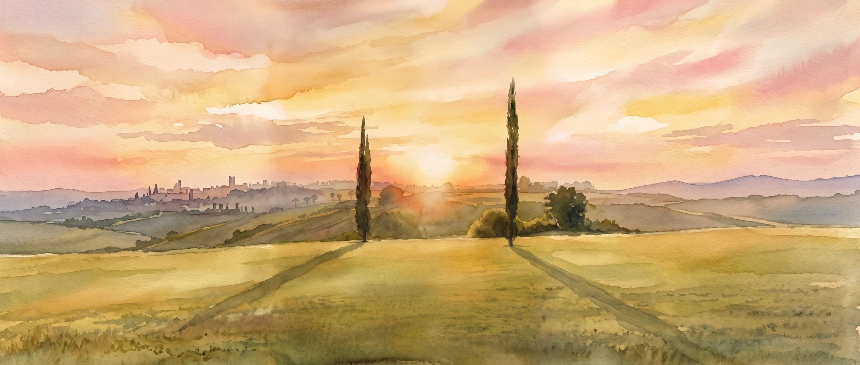 Paisagem toscana ao pôr do sol, ilustração em aquarela